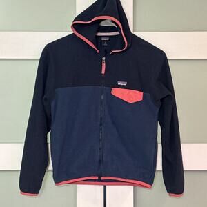 Patagonia Hoodie Girls Large (12) Blue Pink Fleece Full Zip Outdoors